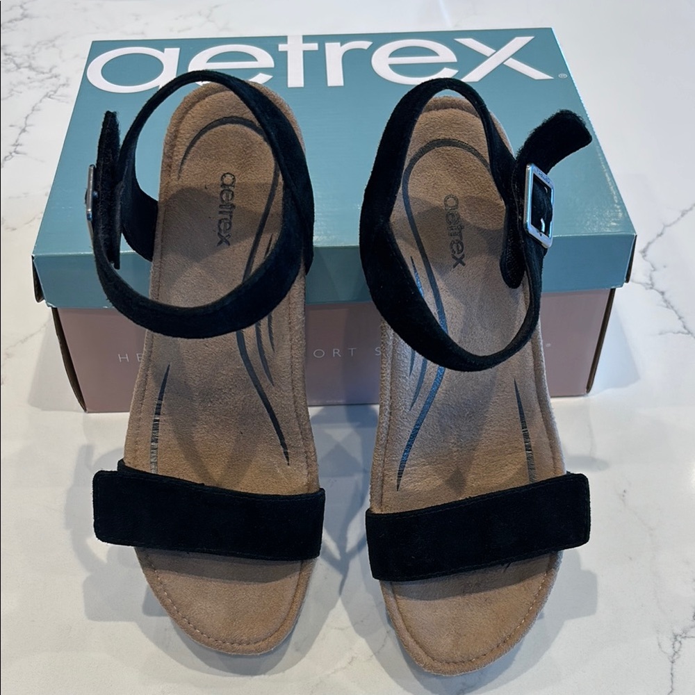 Aetrex Women's Wedge Sandals with Adjustable Black Straps and Tan Footbed